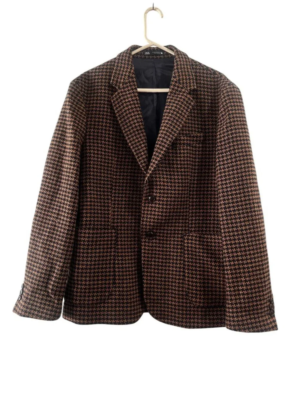 Zara Houndstooth Single Breasted Blazer Mens XL Brown Wool Blend Office Preppy